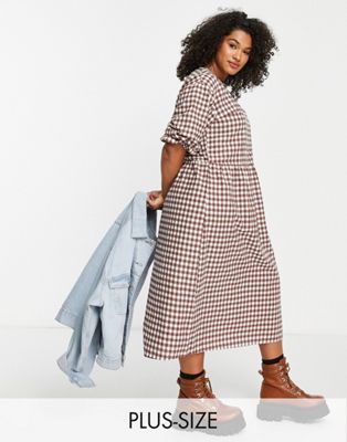 Influence Plus midi gingham dress in chocolate brown