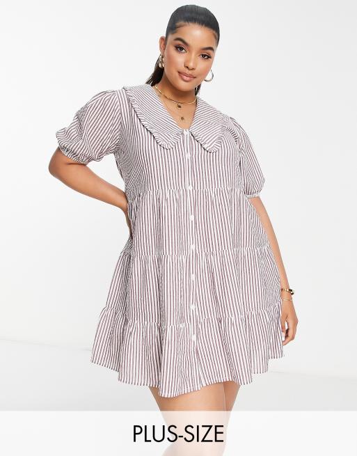 Influence Plus - Midi jurk met Peter Pan kraagje en bruine gingham ruit