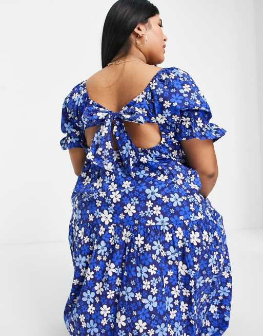 Influence Plus Midi jurk met pofmouwen in blauwe bloemen ASOS