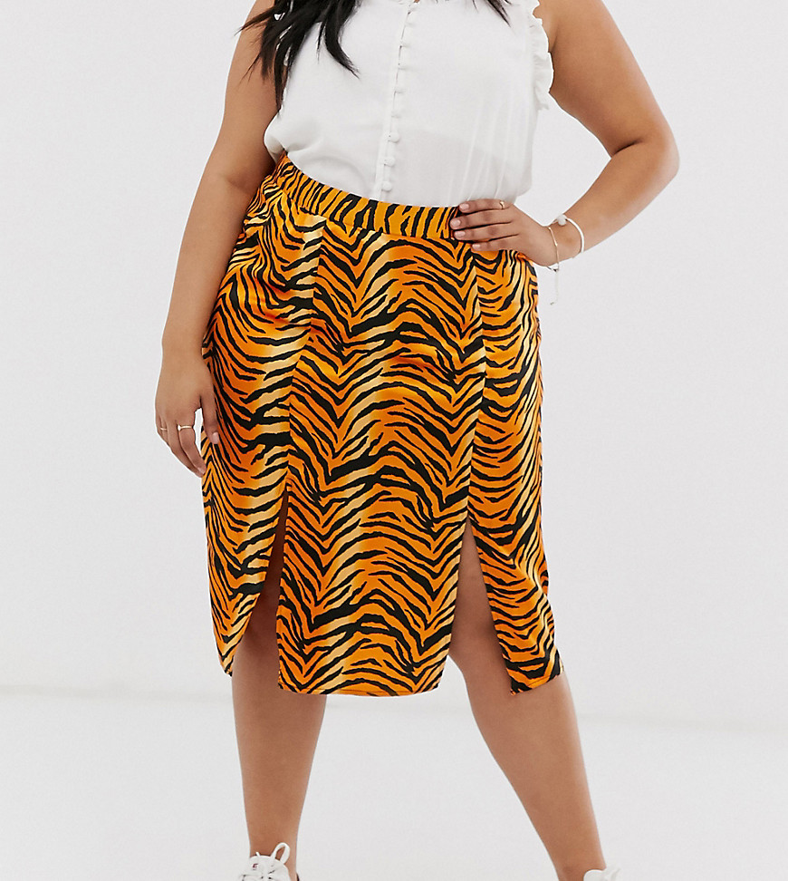 Influence Plus midi skirt in tiger print-Orange