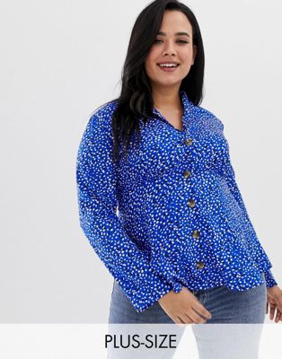 Influence plus- Nette blouse met kraag en knopen voor in spattenprint-Blauw