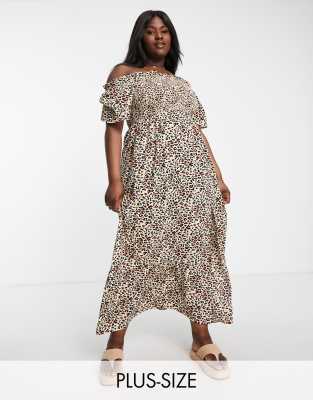 Plus off-the-shoulder beach maxi dress in leopard print-Brown