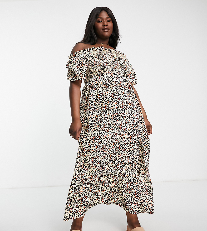 Influence Plus off-the-shoulder beach maxi dress in leopard print-Brown