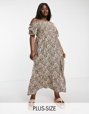 Influence Plus Off-the-shoulder Beach Maxi Dress In Leopard Print-brown