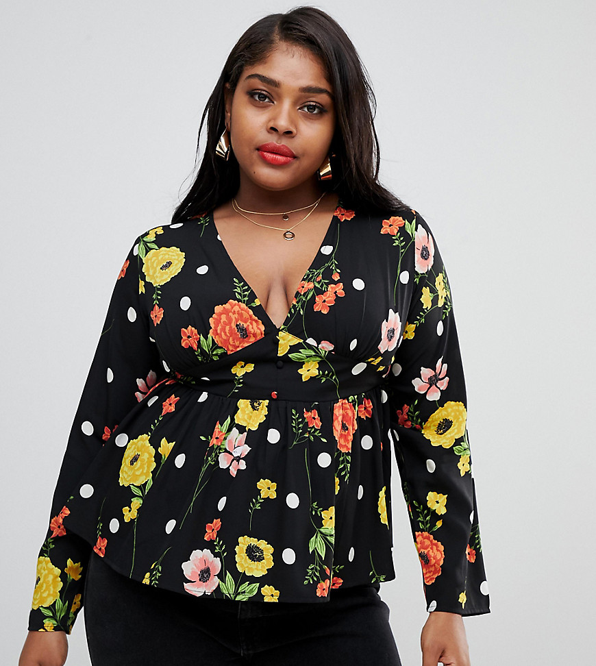 Influence - Plus - Peplum blouse met bloemenprint en knoopsluiting-Zwart