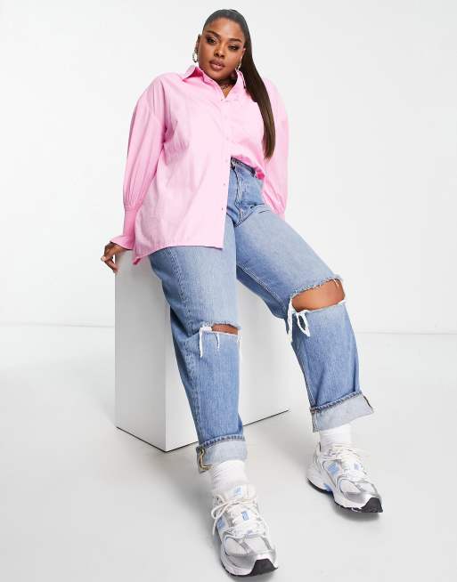 Influence Plus poplin shirt with gathered sleeve in pink, 4 of 4