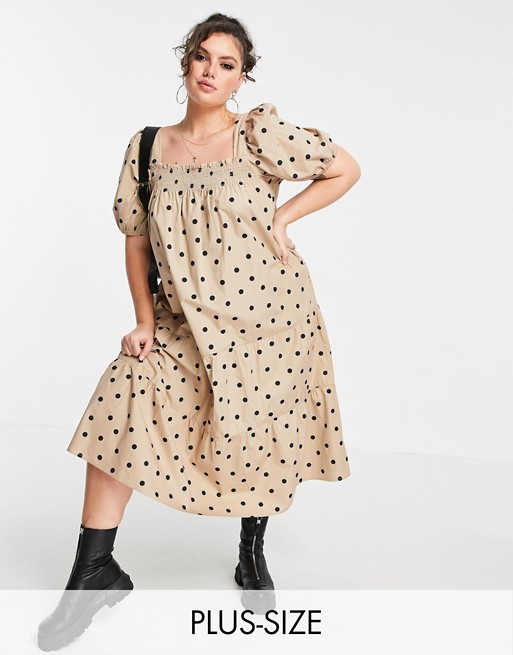 Influence Plus puff sleeve cotton poplin midi dress in stone polka dot