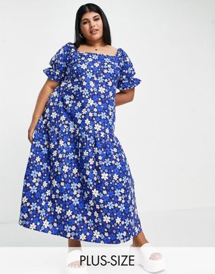 Influence Plus puff sleeve midi dress in blue floral