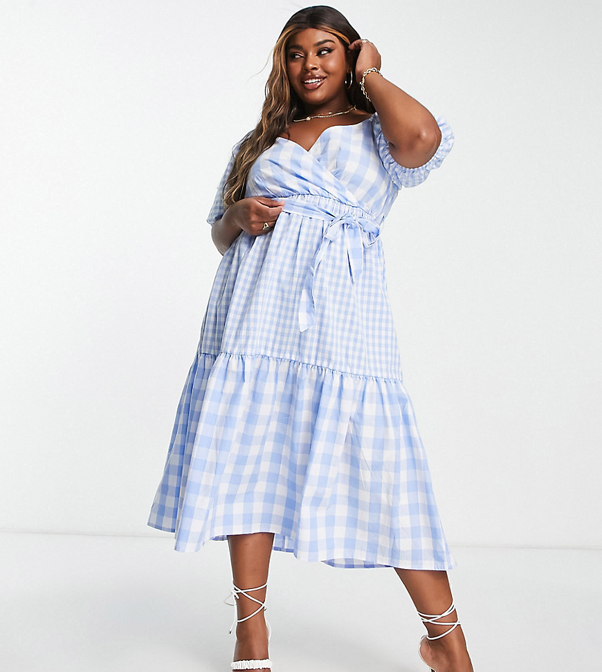Influence Plus puff sleeve tiered midi dress in blue check