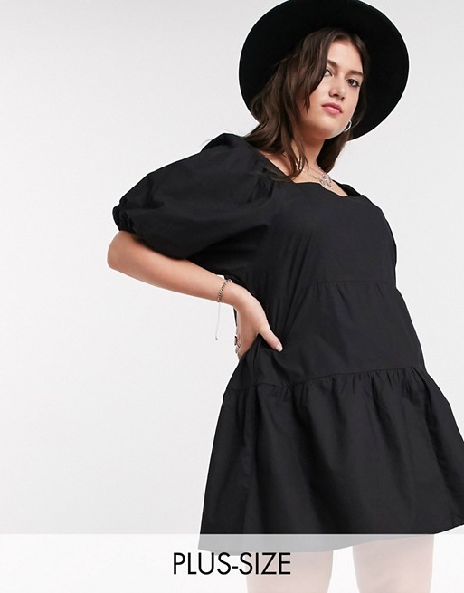 Influence Plus puff sleeve tiered square neck mini smock dress in black