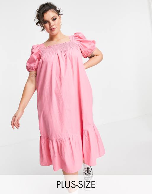 Influence Plus puff-sleeved cotton poplin midi dress in bright pink