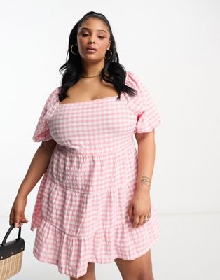 Influence Plus square neck puff sleeve beach dress in pink gingham - ASOS Price Checker