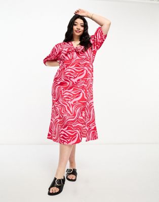 Influence Plus tie front midi dress in red abstract print - ASOS Price Checker