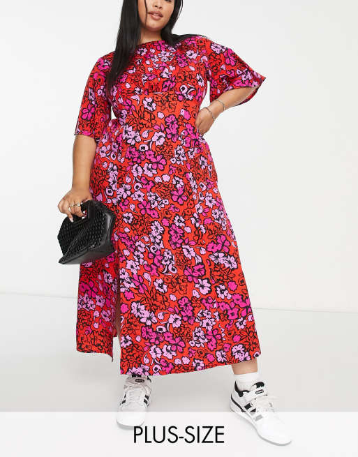 Influence Plus - Robe rétro mi-longue à manches évasées - Rouge et rose fleuri