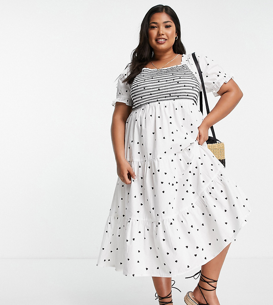 Influence Plus ruched front tiered midi dress in white polka dot-Multi