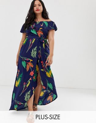 Influence - Plus - Schouderloze lange jurk met bloemenprint in marineblauw
