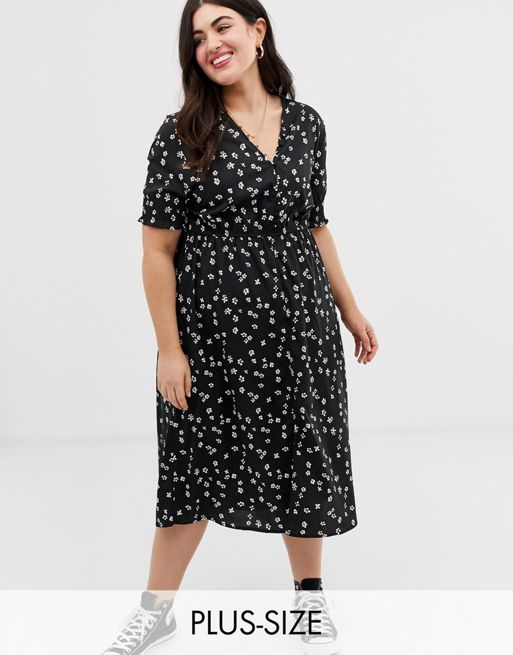 Influence Plus shirred sleeve floral midi dress with button down front ...