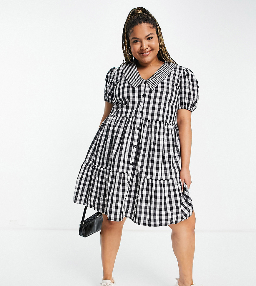 Influence Plus shirt dress with contrast collar in black gingham-Blues