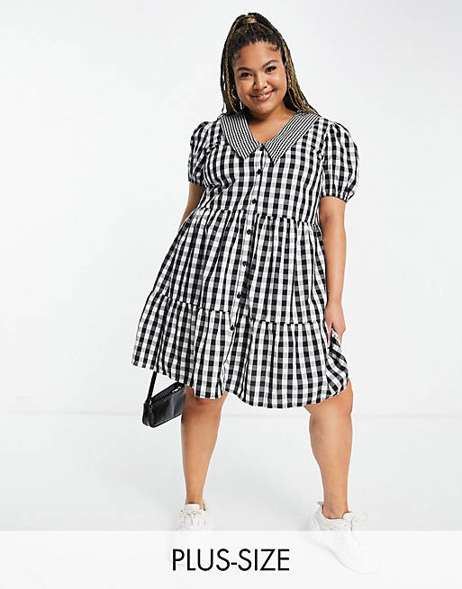 Influence Plus shirt dress with contrast collar in black gingham
