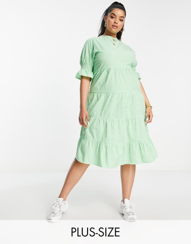 Influence Plus short frill sleeve midi dress in green gingham