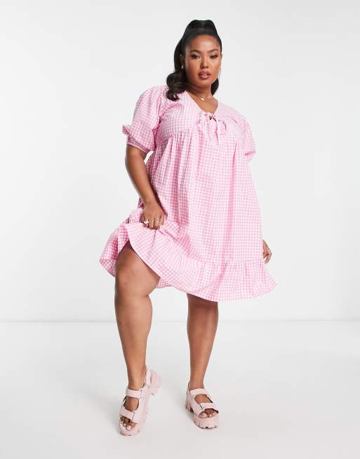 Influence Plus short sleeve front tie mini dress in pink gingham | ASOS