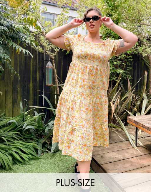 Influence Plus - Smockjurk met stroken en bloemen in geel