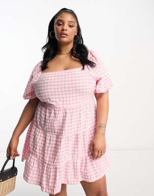 Influence Plus square neck puff sleeve beach dress in pink gingham