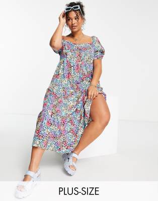 Influence Plus square neck puff sleeve midi dress in bold floral print - ASOS Price Checker