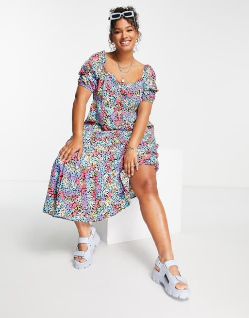 Influence Plus square neck puff sleeve midi dress in bold floral print, 4 of 4