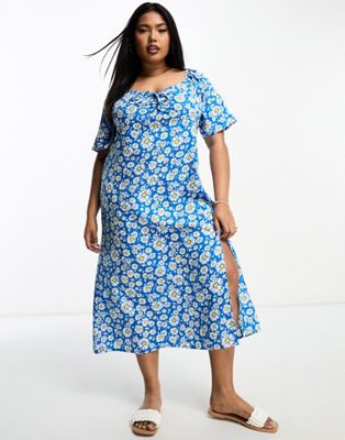 Influence Plus tie front midi dress in blue daisy floral print