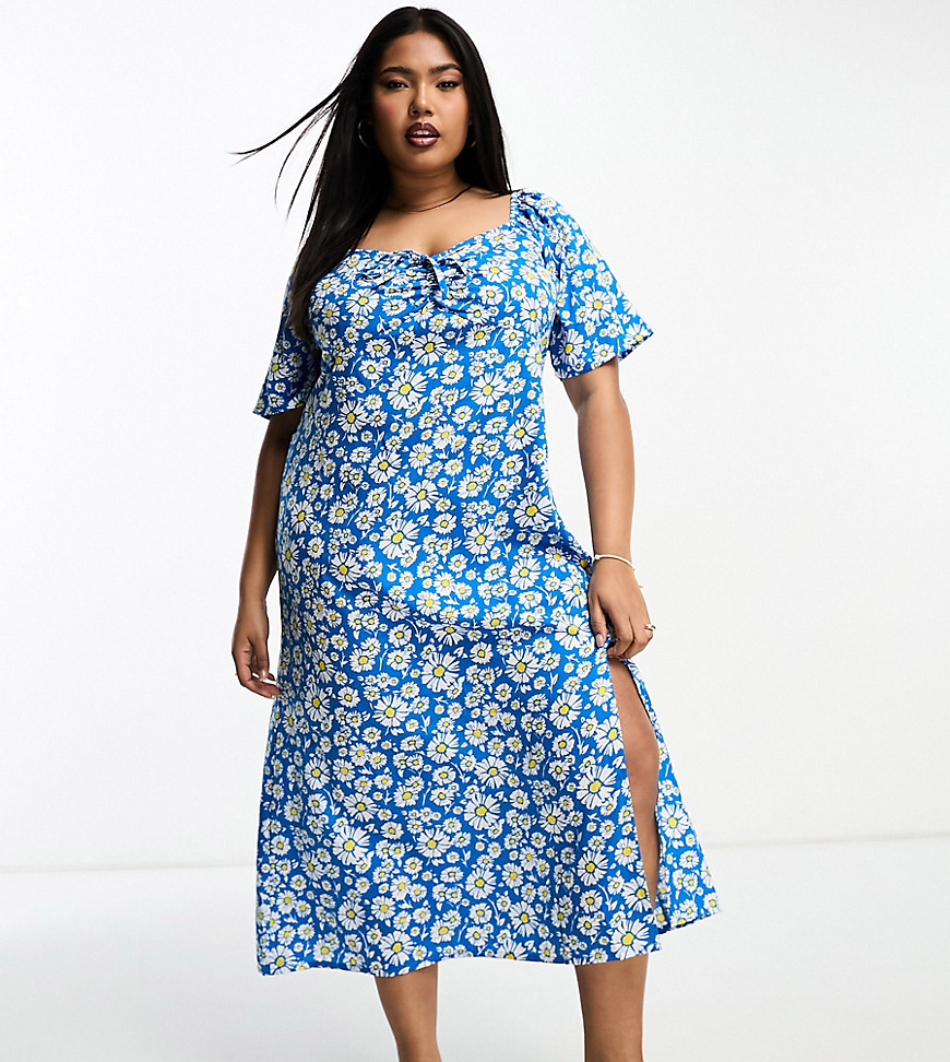 Influence Plus tie front midi dress in blue daisy floral print