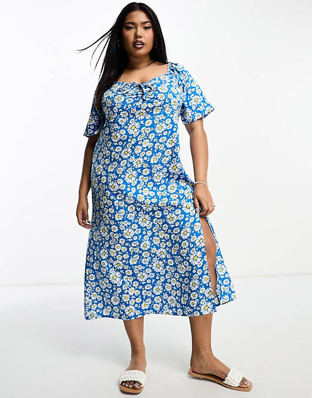 Influence Plus - tie front midi dress in blue daisy floral print