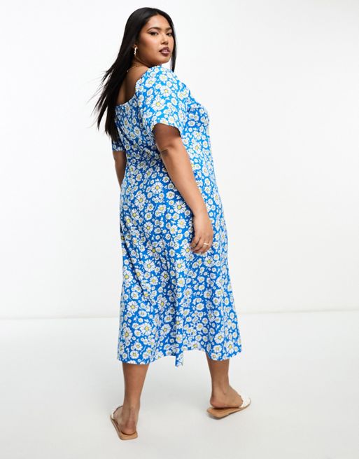 Influence tie front midi dress in blue daisy floral print