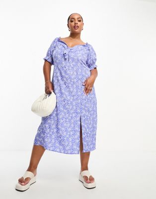Influence Plus tie front midi dress in blue floral print