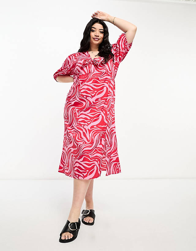 Influence Plus - tie front midi dress in red abstract print