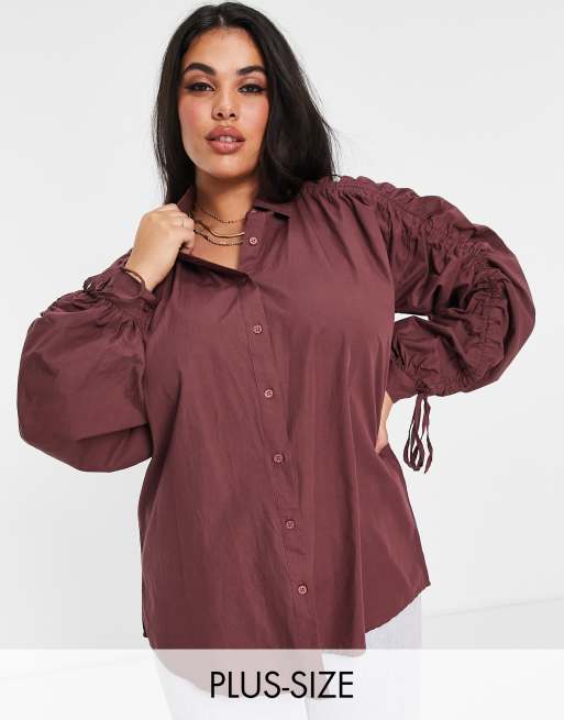 Influence Plus tie sleeve shirt in brown