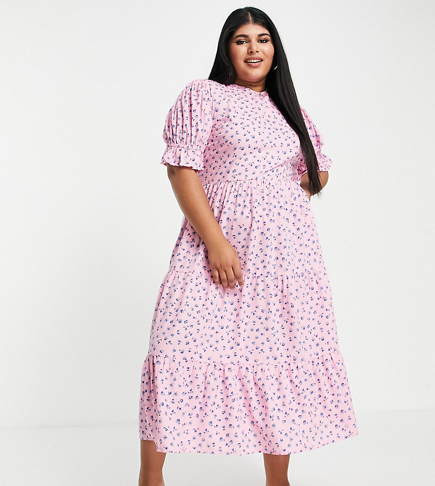 Influence Plus tiered midi smock dress in pink floral