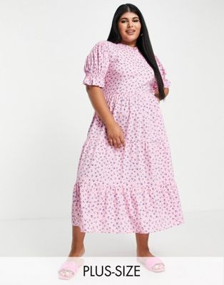 Influence Plus tiered midi smock dress in pink floral