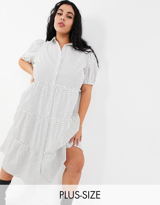 Influence Plus tiered shirt dress in white polka dot