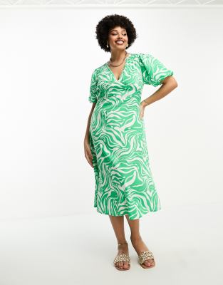 Influence Plus v neck midi dress in green abstract print