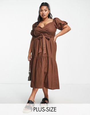Influence Plus v neck puff sleeve midi dress with tie waist in chocolate brown