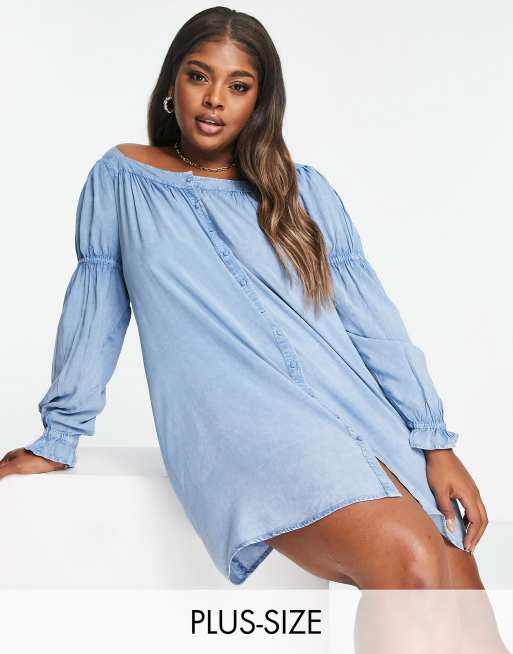 Influence Plus - Vestito grembiule con maniche a sbuffo in chambray