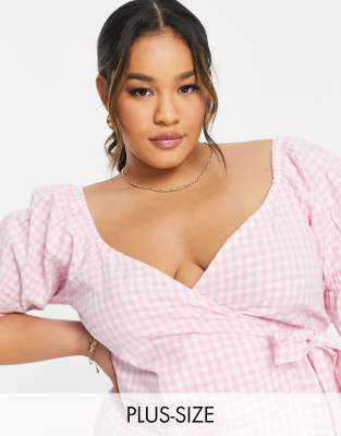 Influence Plus wrap blouse in pink gingham