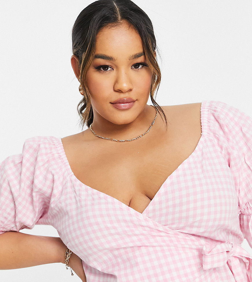 Influence Plus wrap blouse in pink gingham