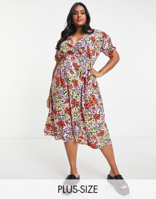 Influence Plus wrap front midi dress in bold floral print