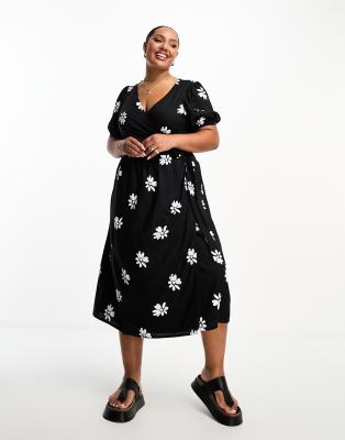 Influence Plus Wrap Front Midi Dress In Monochrome Floral Print Asos