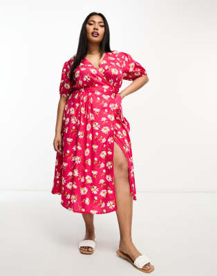 Influence Plus wrap front midi dress in pink and white floral print