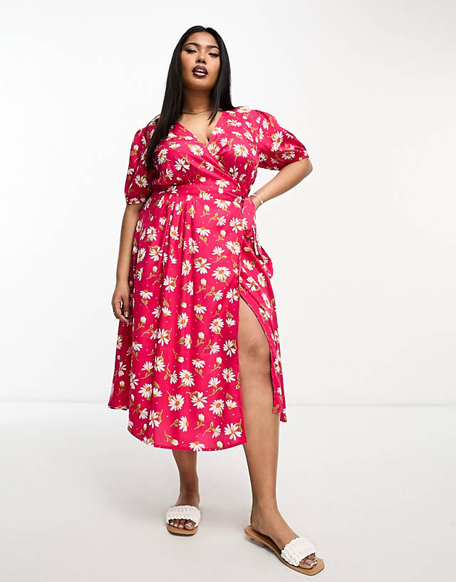 Influence Plus - wrap front midi dress in pink and white floral print