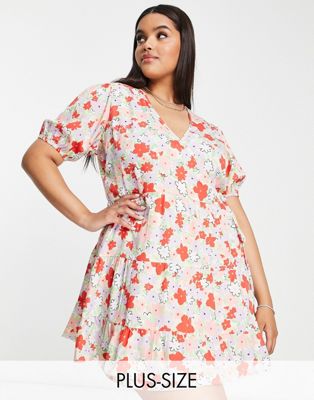 Influence Plus wrap front mini dress in floral print-Multi
