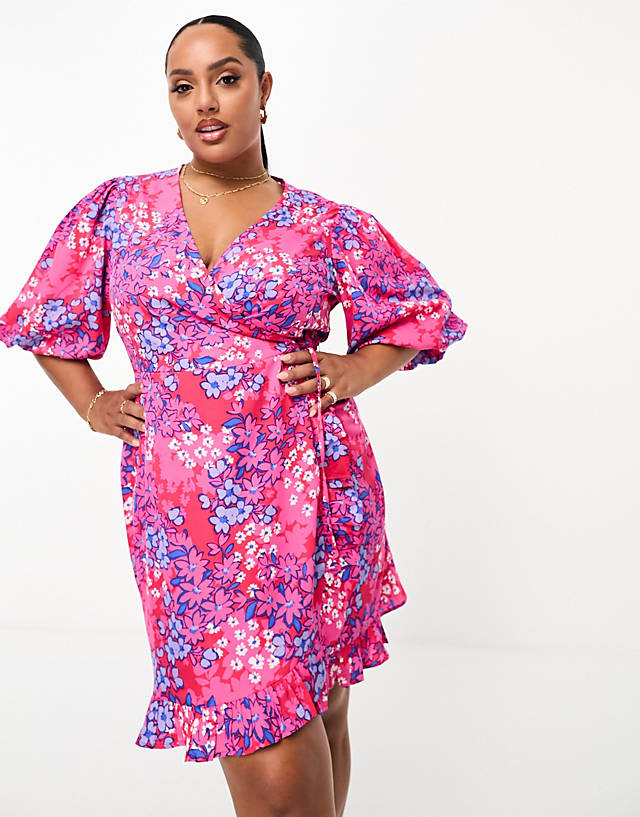 Influence Plus - wrap front mini dress in pink and blue floral print